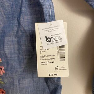 Blue Chambray Top with Floral Embroidery